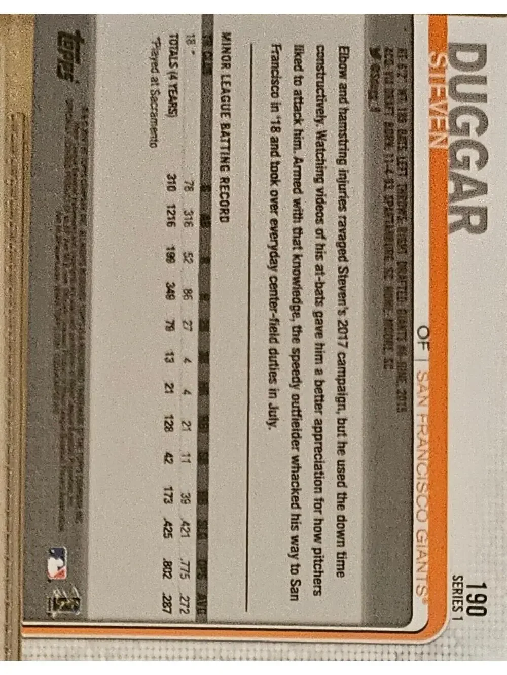 2019 Topps #190 Steven Duggar (RC) - San Francisco Giants Rookie Card - Picture 2 of 2